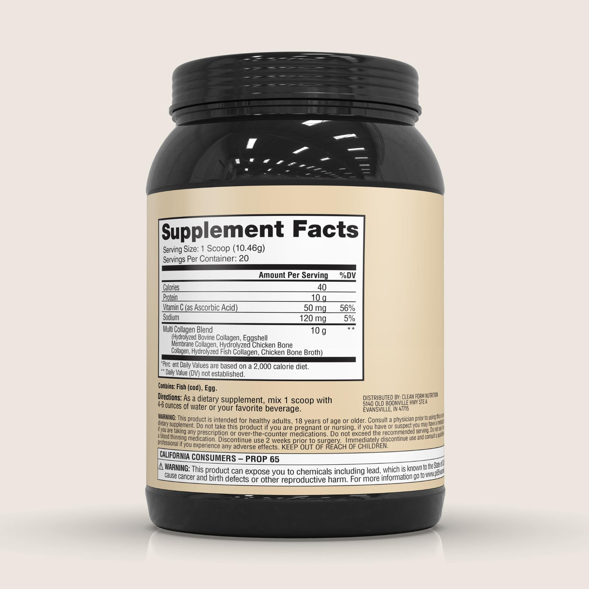 Détails de l'emballage de la poudre de collagène CleanForm Nutrition