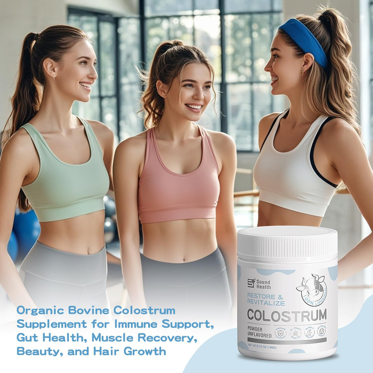 Détails de l'emballage de la poudre de colostrum bovin bio Sound Health Supplements