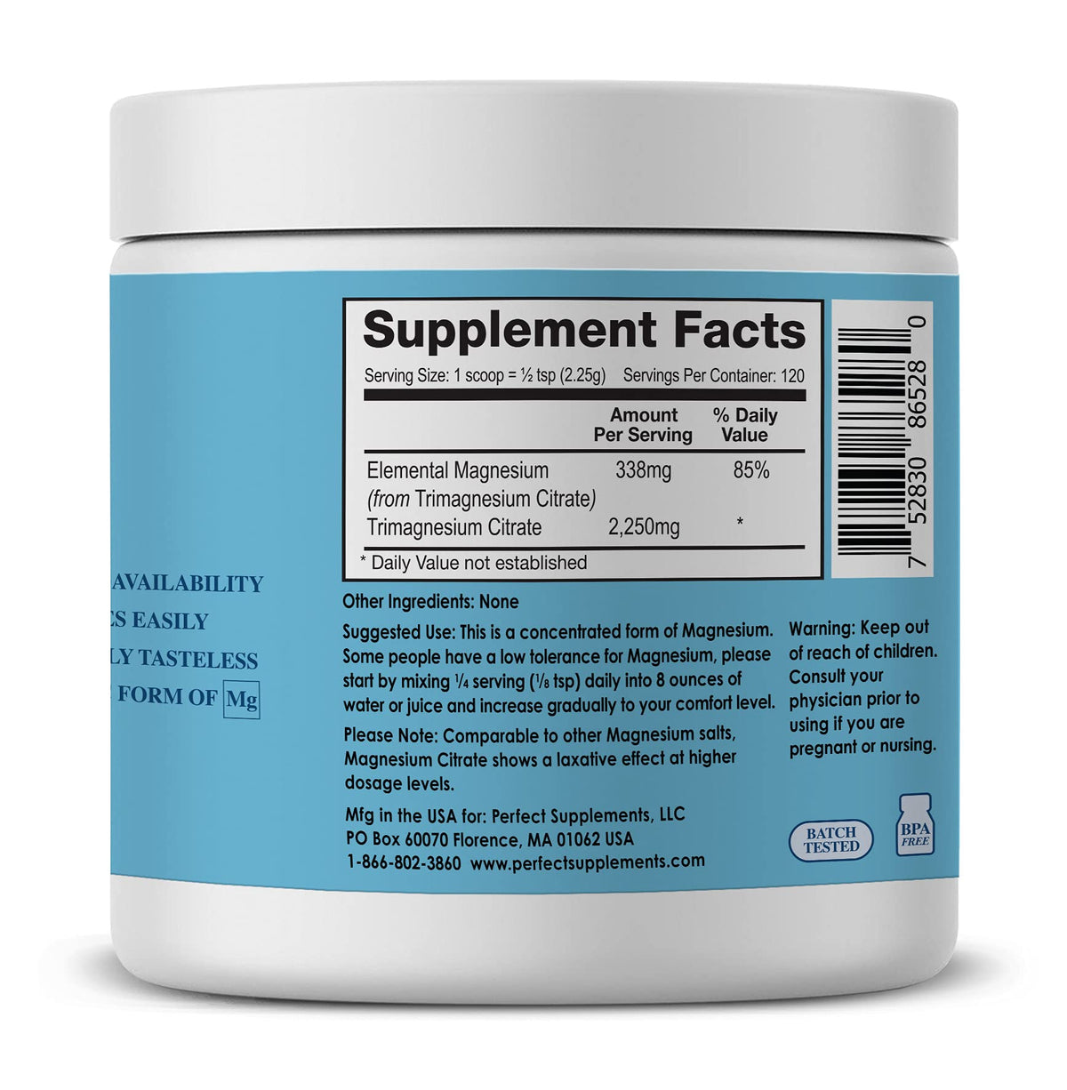 Détails de l'emballage de la poudre de magnésium Perfect Supplements