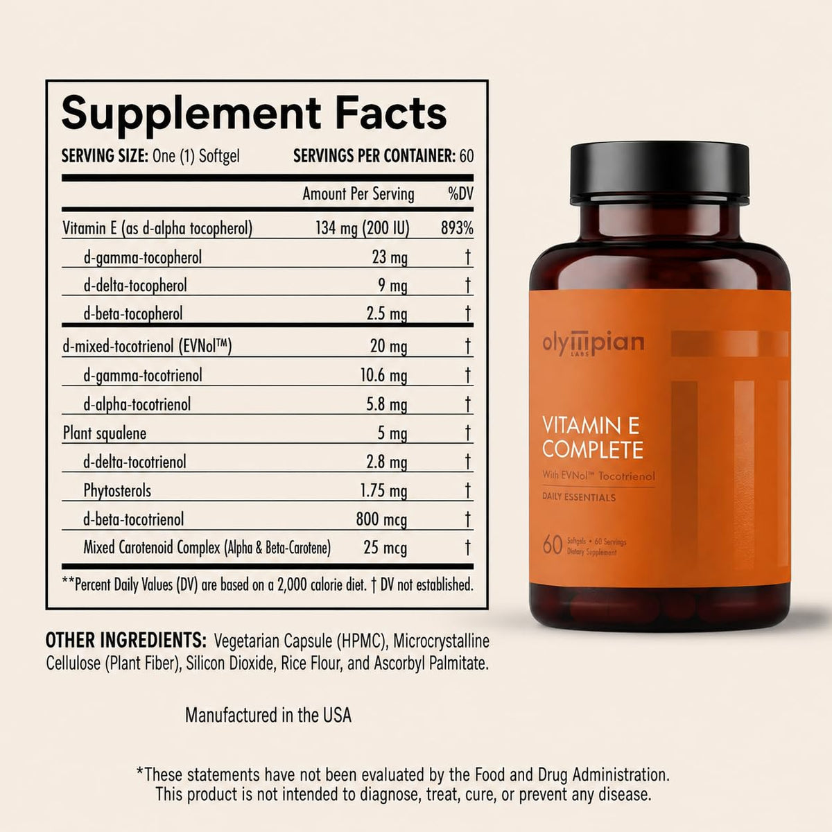Détails de l'emballage de la Vitamine E Complète Olympian Labs