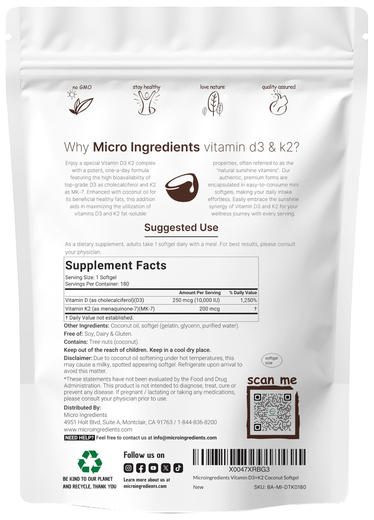 Détails de l'emballage de Micro Ingredients Vitamine D3 K2 MK-7