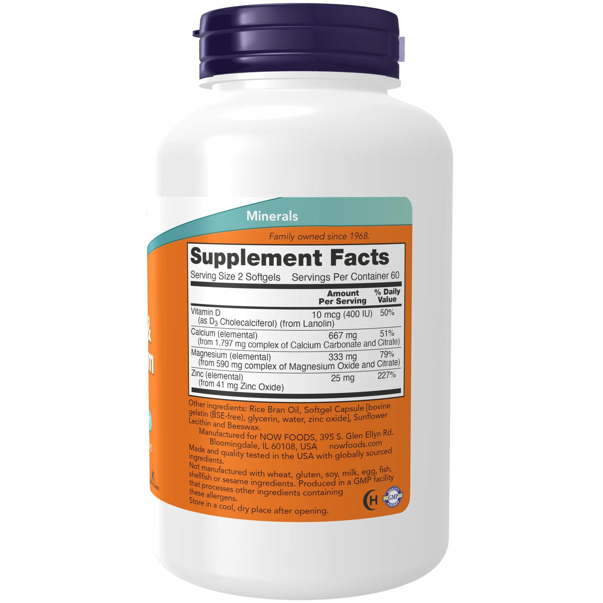 Détails de l'emballage de NOW Foods Calcium & Magnésium avec Vitamine D-3