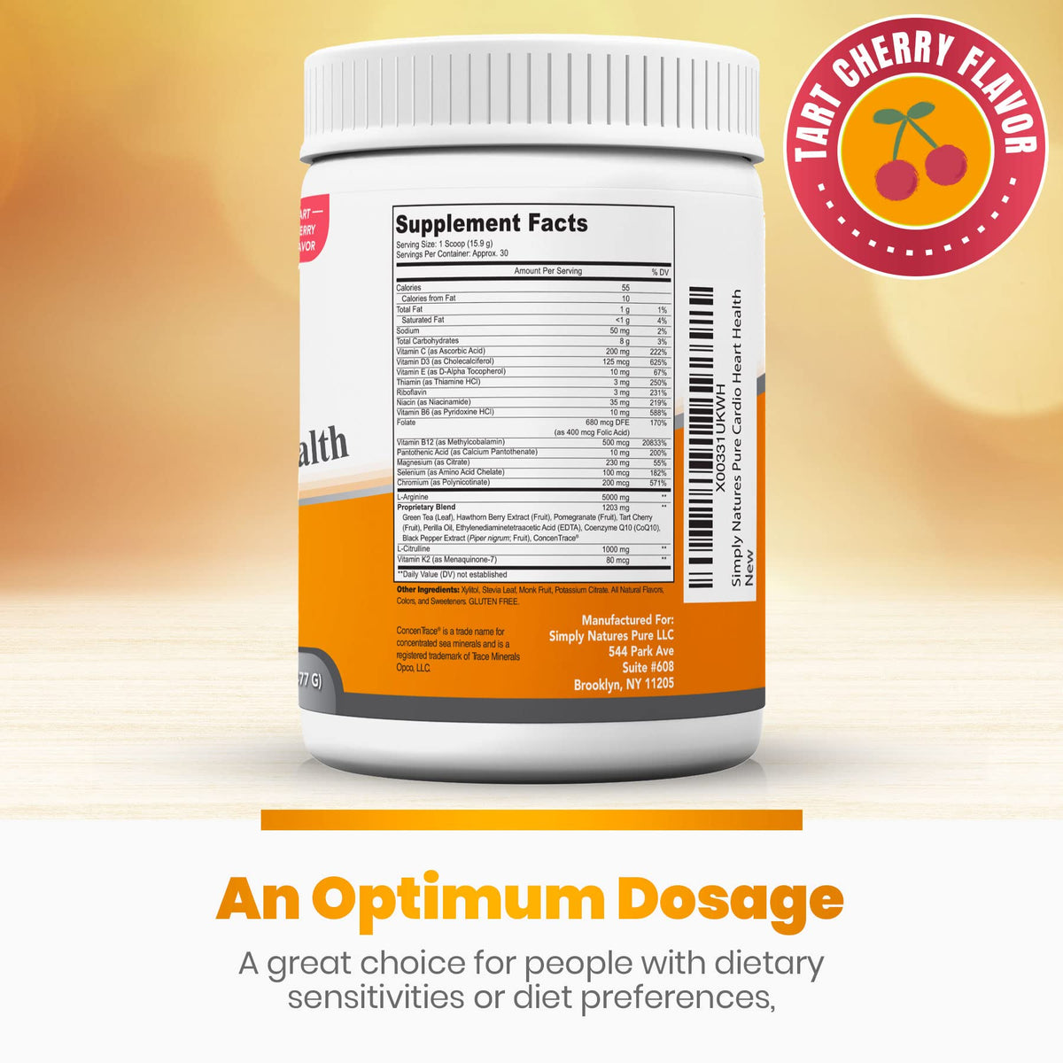 Détails de l'emballage de Simply Natures Pure Cardio 5000 mg L-Arginine