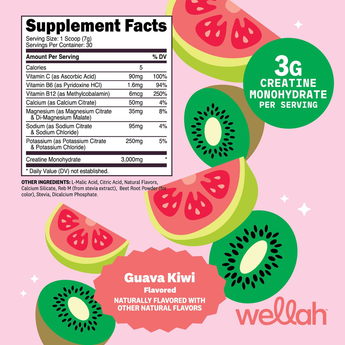 Détails de l'emballage de Wellah Poudre de Créatine Kiwi Guava