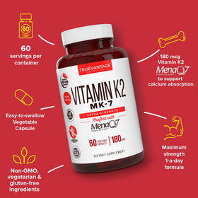 Détails de l'emballage des capsules végétales de Vitamine K2 MK-7 Truevantage Nutrition