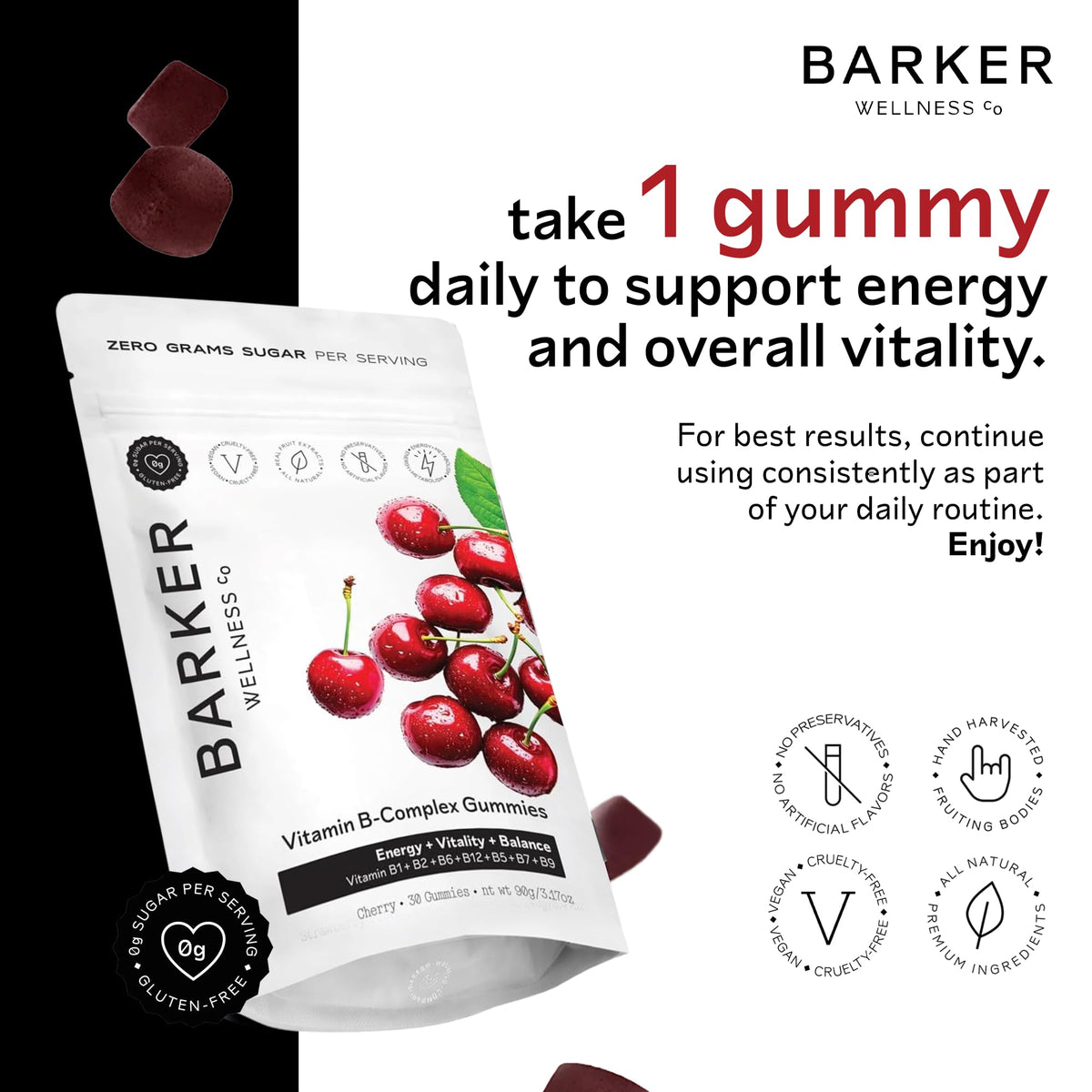 Détails de l'emballage des gummies B-Complex Barker Wellness Co