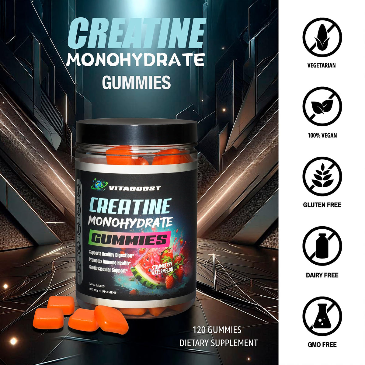Détails de l'emballage des gummies de créatine VitaBoost