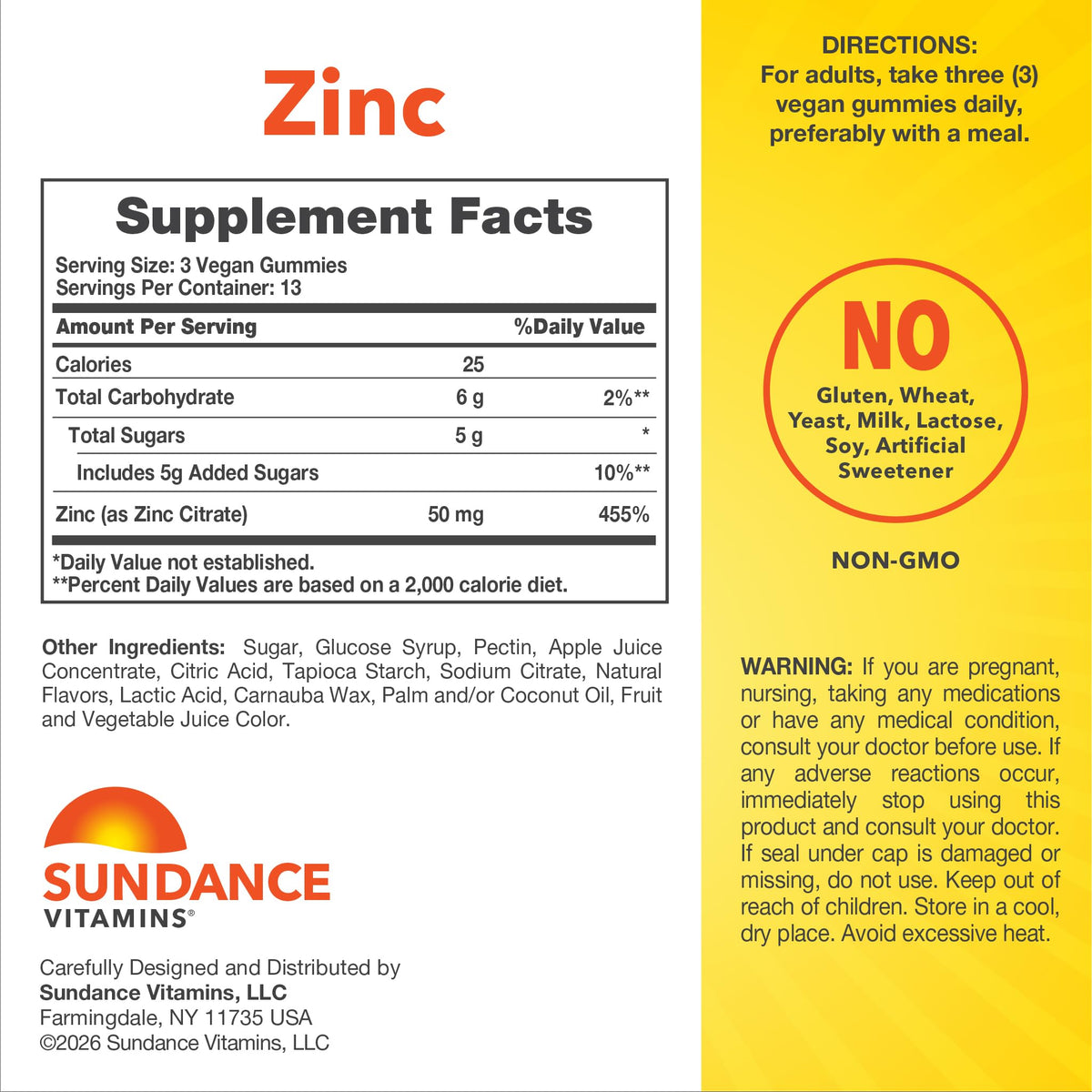 Détails de l'emballage des Gummies de Zinc Sundance