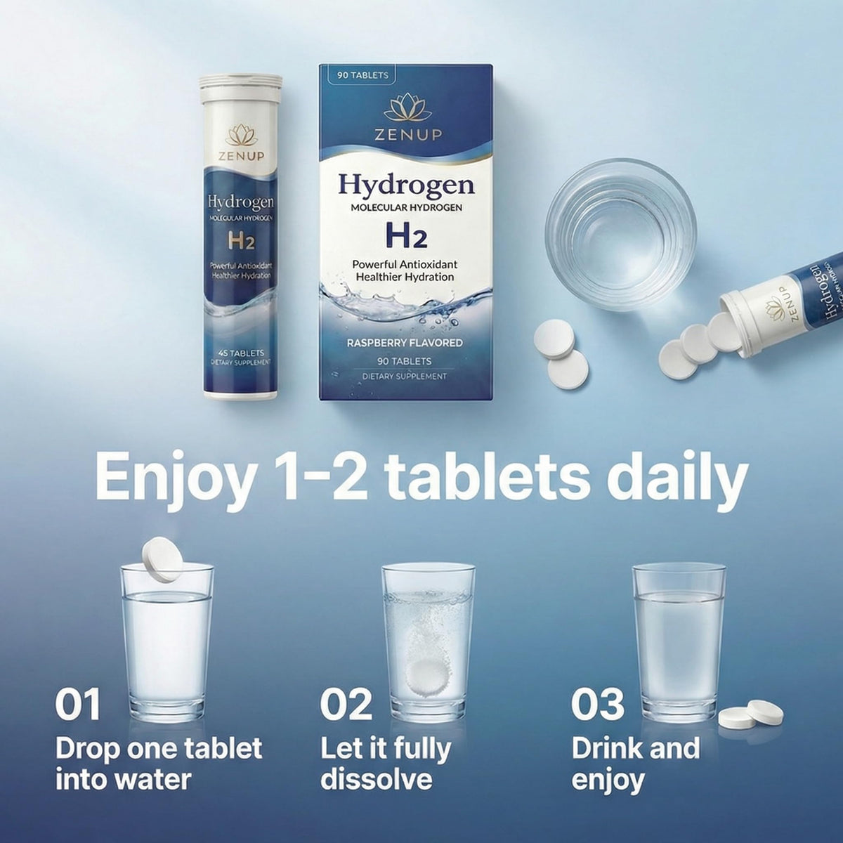 Détails de l'emballage des tablettes d'hydrogène ZenUP