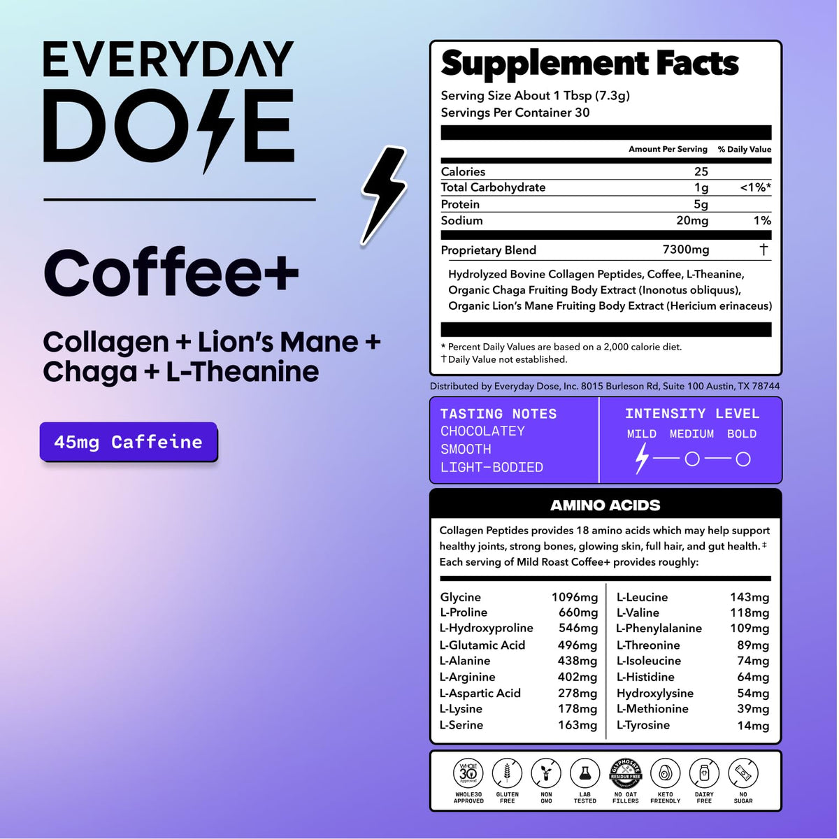 Détails de l'emballage du café de champignons Everyday Dose