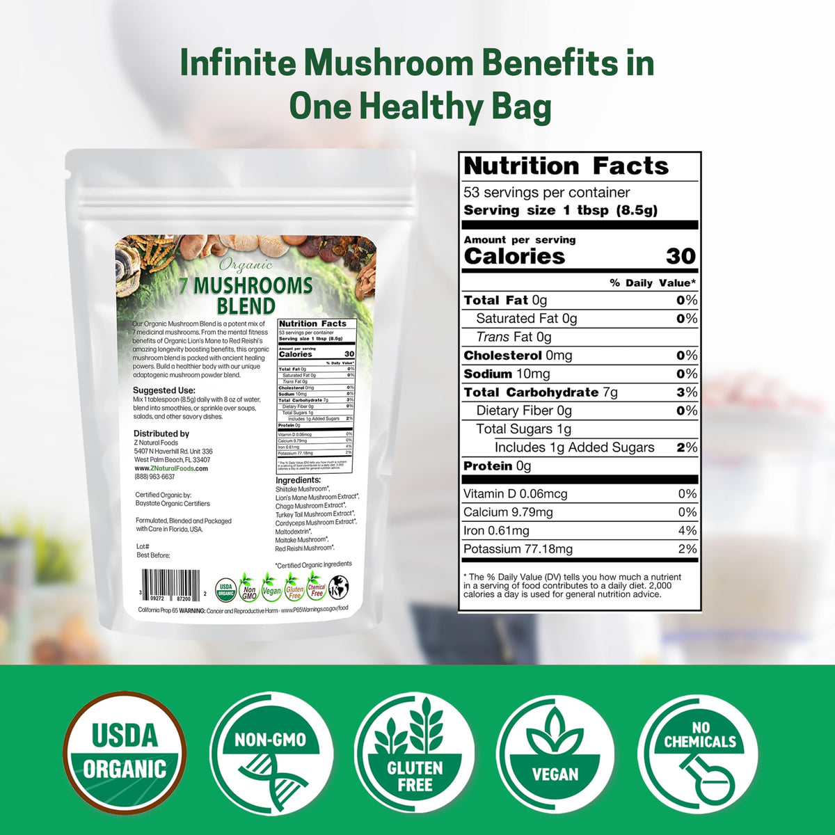 Détails de l'emballage du mélange de champignons bio Z Natural Foods
