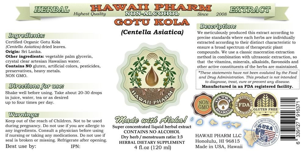 Détails de l'étiquette de Hawaii Pharm Gotu Kola extrait liquide