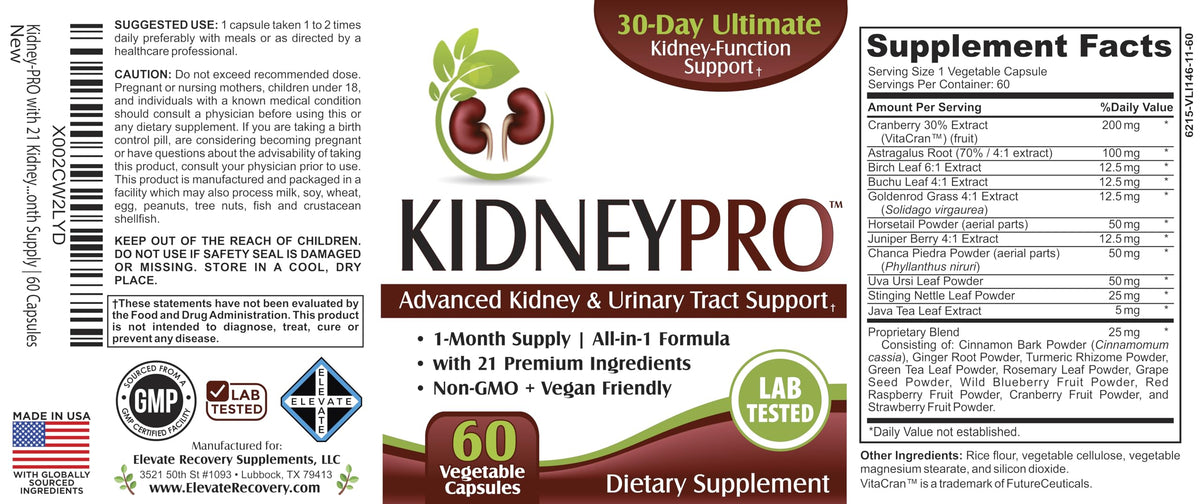 Détails de l'étiquette de KidneyPRO montrant les ingrédients actifs