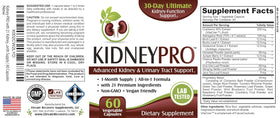 Détails de l'étiquette de KidneyPRO montrant les ingrédients actifs