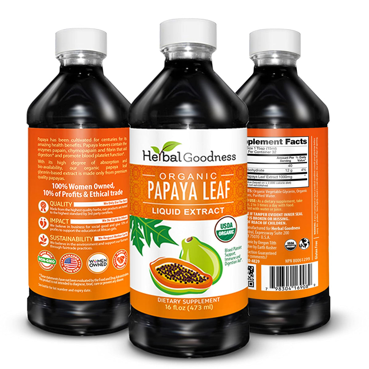 Détails de l'étiquette de l'extrait de feuille de papaye Herbal Goodness