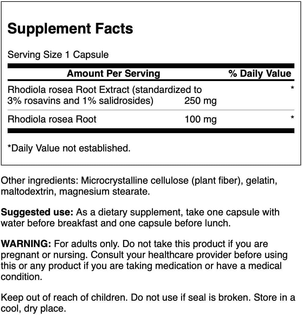 Détails de l'étiquette de l'extrait de Rhodiola Rosea Swanson