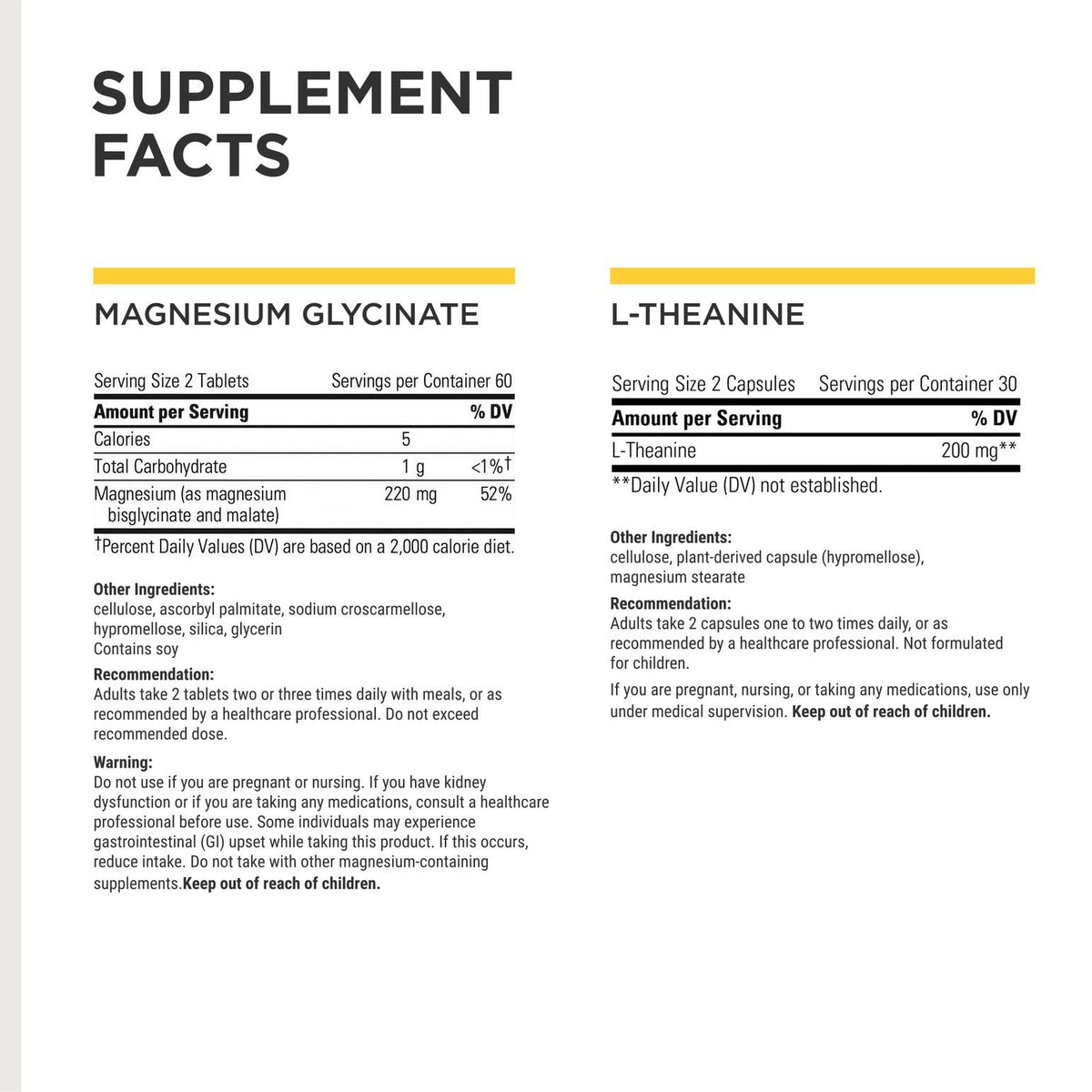 Détails de l'étiquette de L-Theanine et Magnesium Glycinate Plus