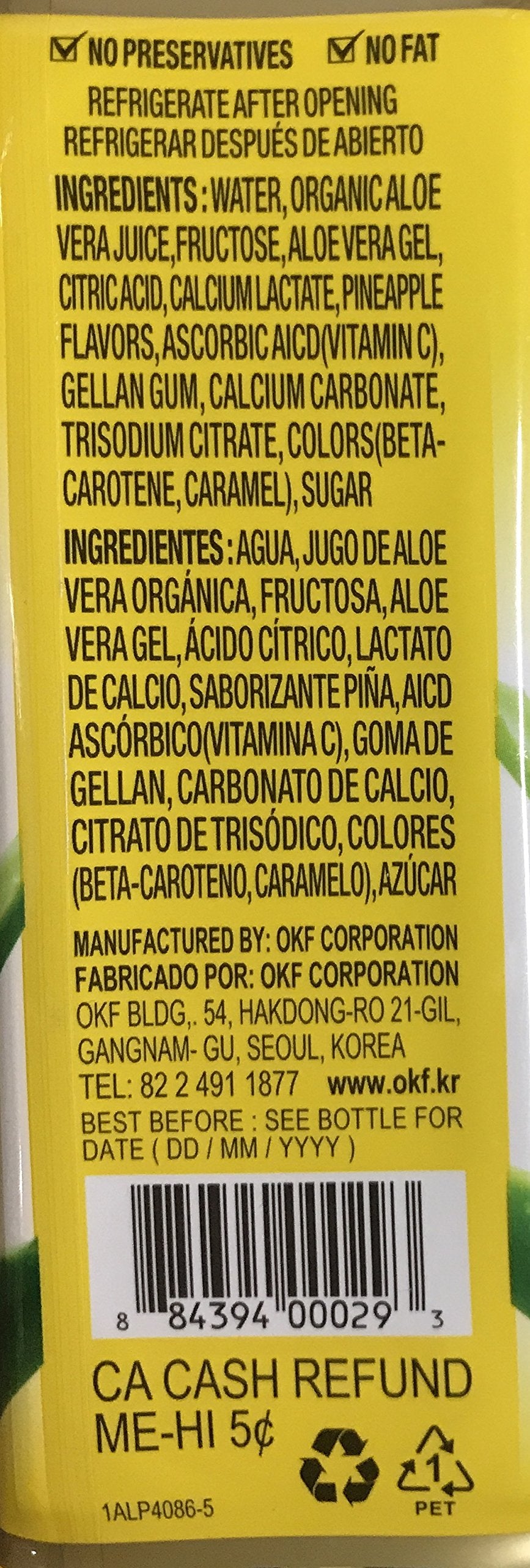 Détails de l'étiquette de la boisson OKF Aloe Vera King