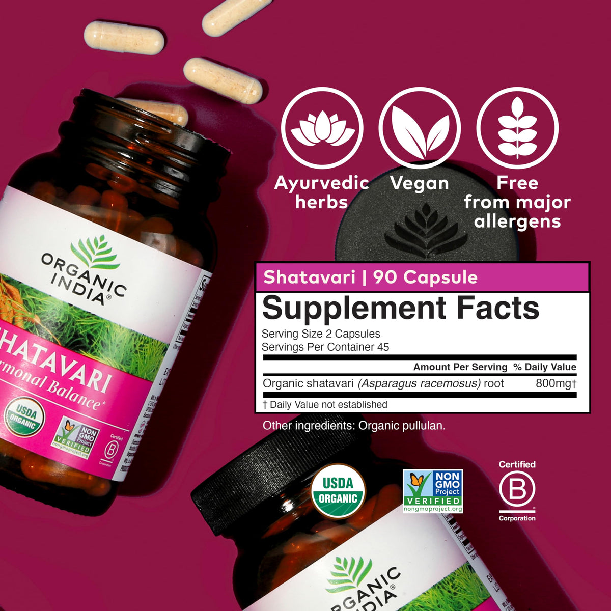 Détails de l'étiquette de la bouteille de capsules Shatavari ORGANIC INDIA