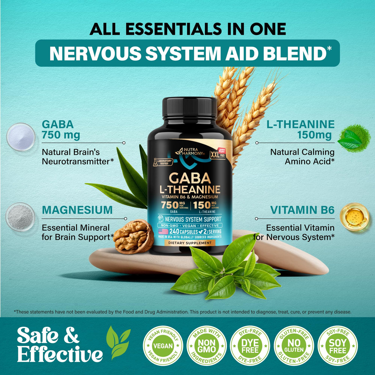 Détails de l'étiquette de la bouteille de GABA L-Theanine NUTRAHARMONY