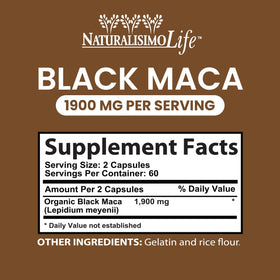 Détails de l'étiquette de la Maca Noire Bio, ingrédients et dosage