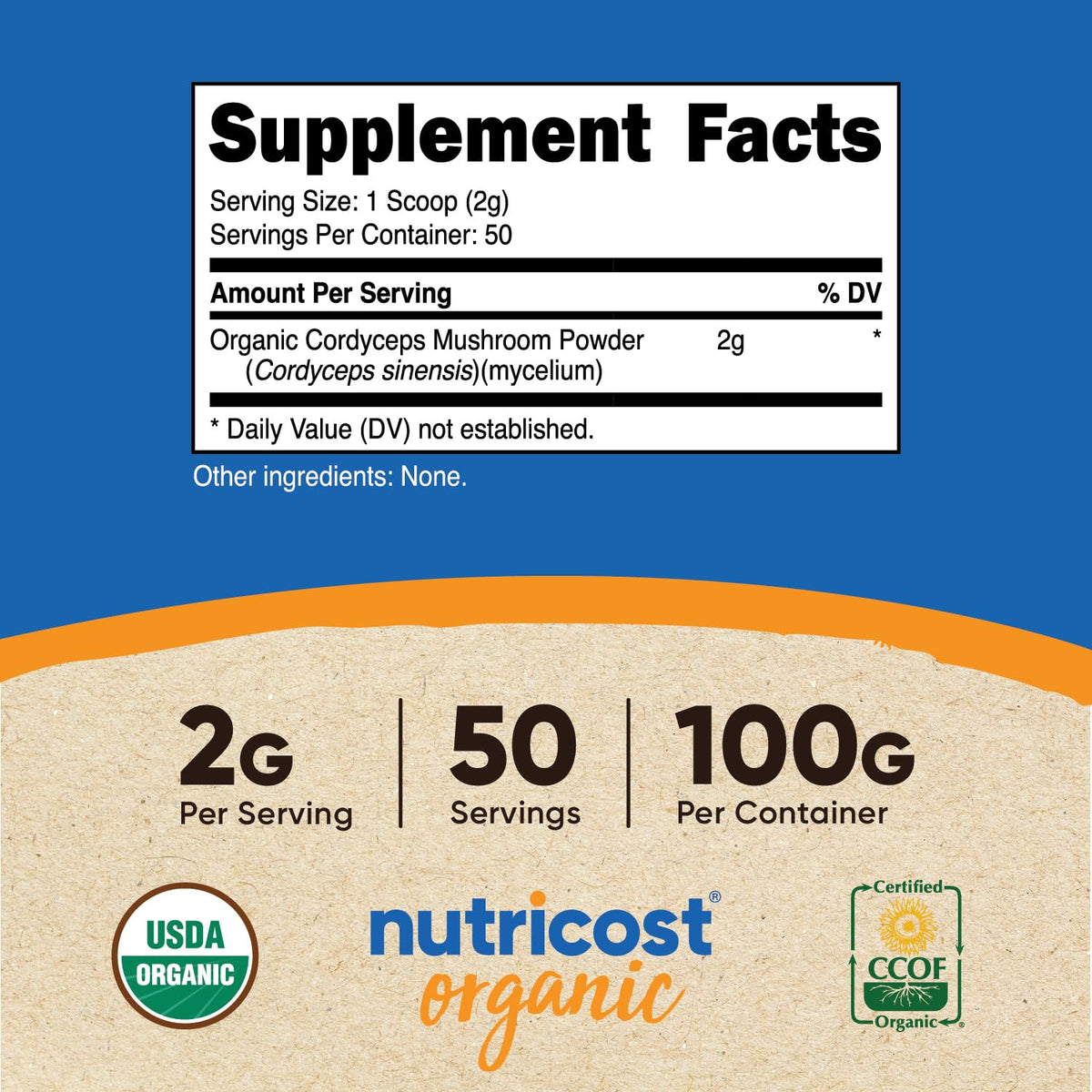 Détails de l'étiquette de la poudre de Cordyceps Bio Nutricost