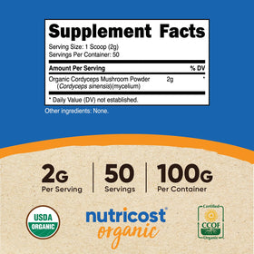 Détails de l'étiquette de la poudre de Cordyceps Bio Nutricost