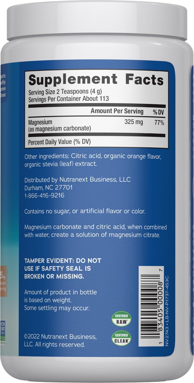 Détails de l'étiquette de la poudre de magnésium Calm Natural Vitality 540g