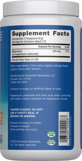 Détails de l'étiquette de la poudre de magnésium Calm Natural Vitality 540g