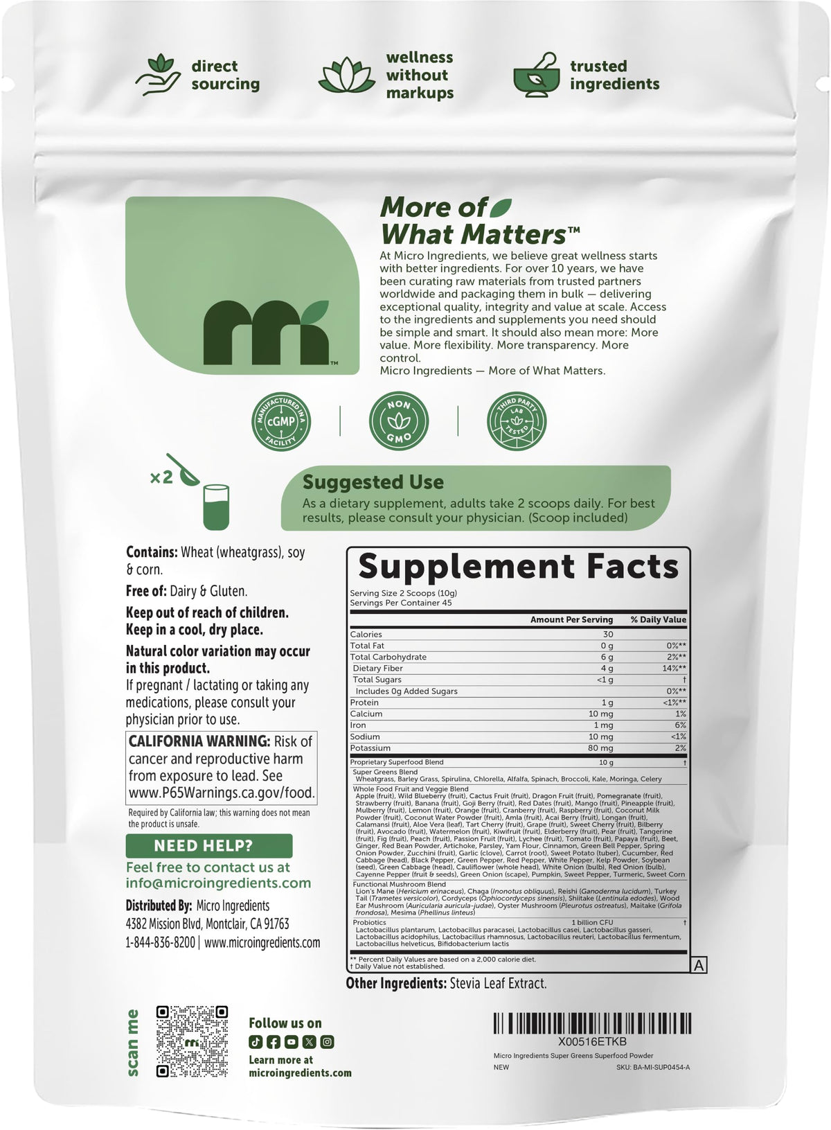 Détails de l'étiquette de la Poudre de Super Greens Micro Ingredients