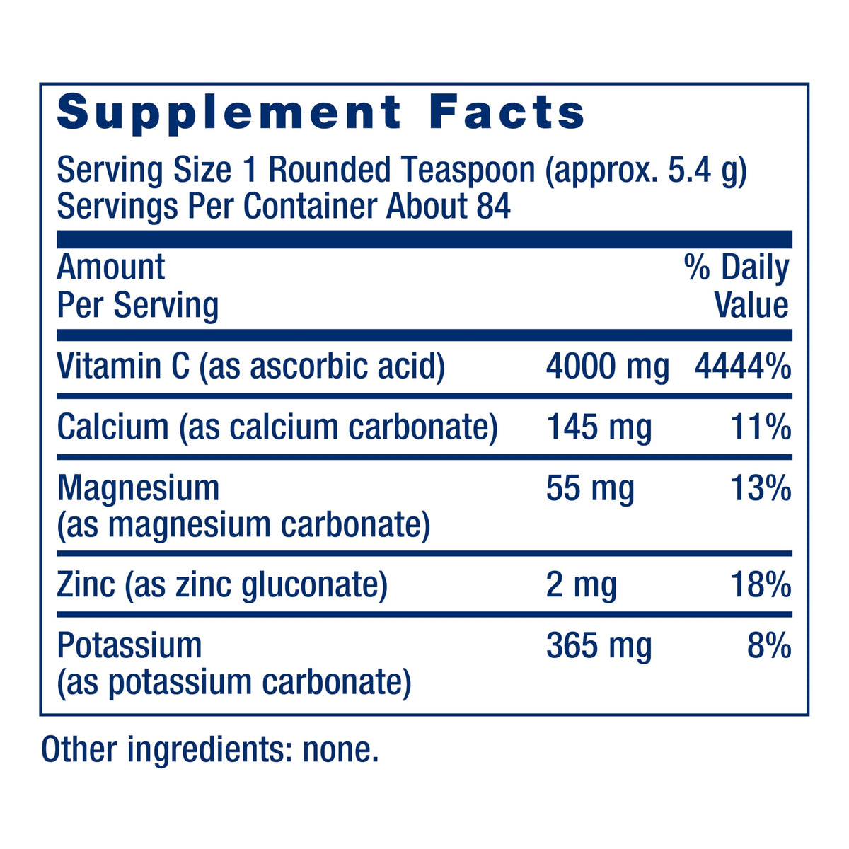 Détails de l'étiquette de la poudre de vitamine C tamponnée Life Extension