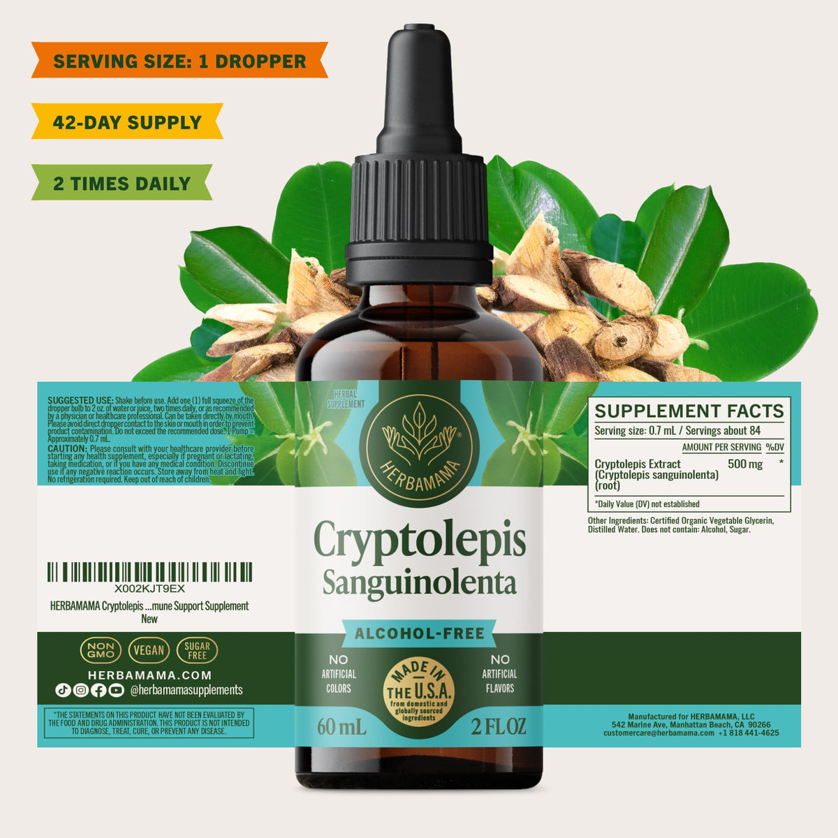 Détails de l'étiquette de la teinture de Cryptolepis HERBAMAMA