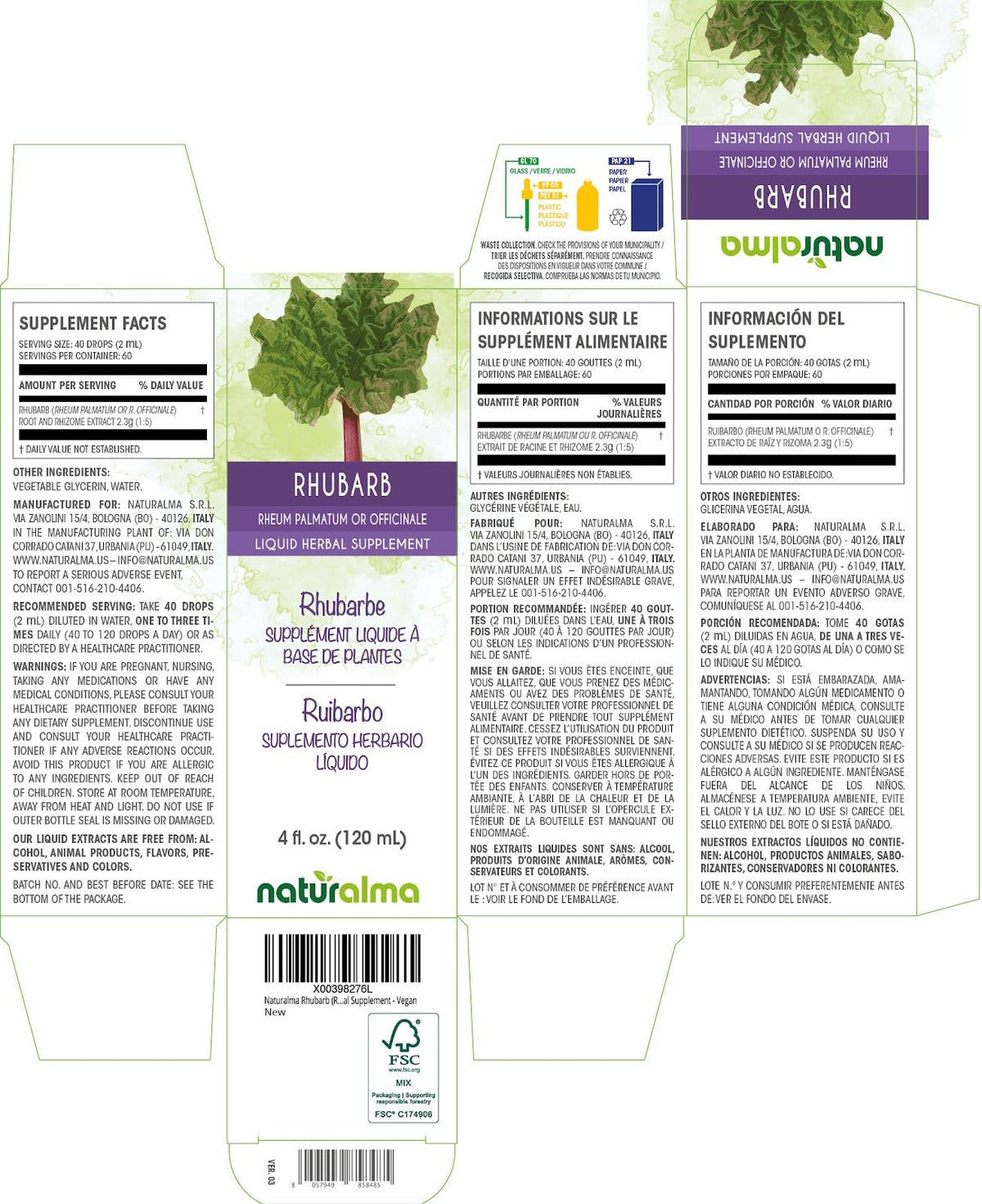 Détails de l'étiquette de la teinture de rhubarbe Naturalma