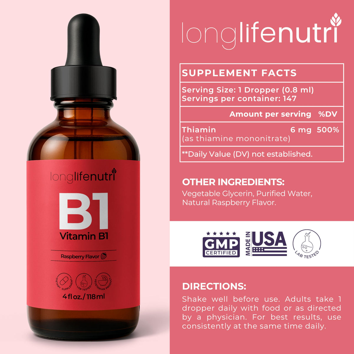 Détails de l'étiquette de LongLifeNutri Vitamine B1 Gouttes Liquides