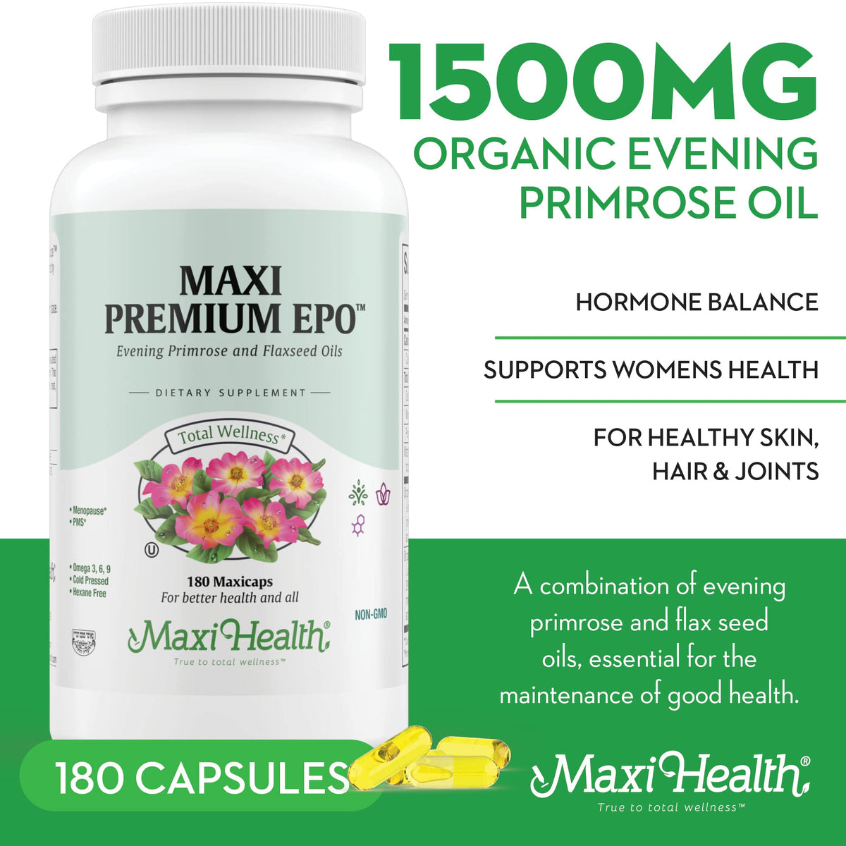 Détails de l'étiquette de Maxi Health Huile de Onagre 1500mg