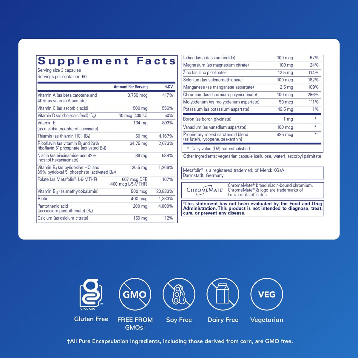 Détails de l'étiquette de Pure Encapsulations Nutrient 950 A sans Cuivre ni Fer