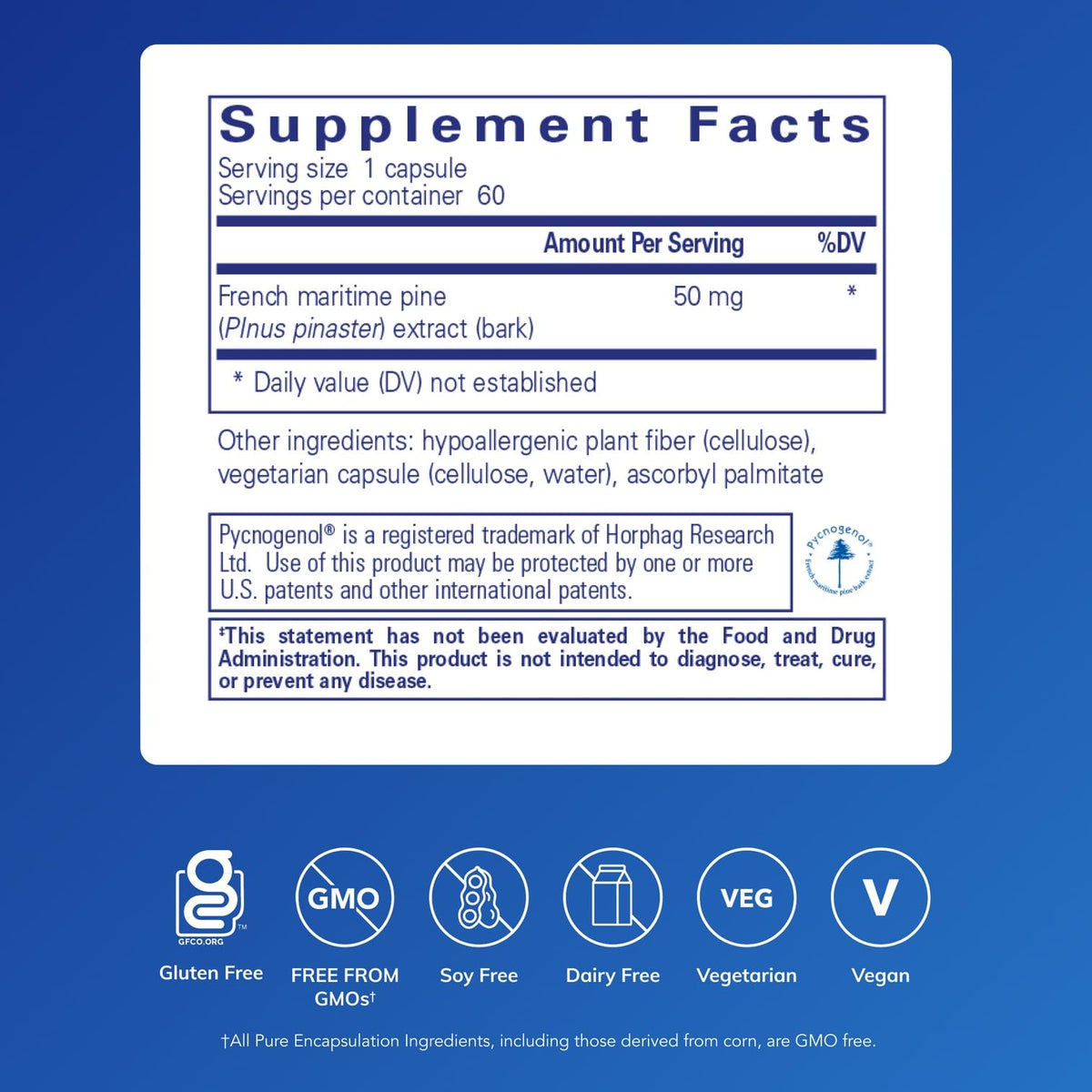 Détails de l'étiquette de Pure Encapsulations Pycnogenol 60 Capsules