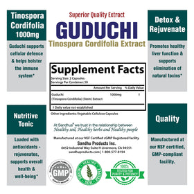 Détails de l'étiquette de Sandhu's Guduchi 1000mg