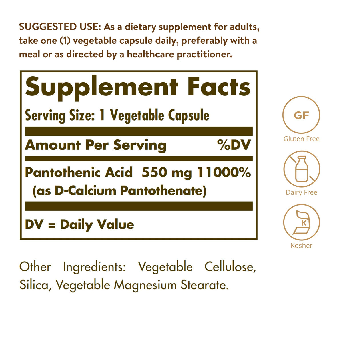 Détails de l'étiquette de Solgar Acide Pantothénique 550 mg