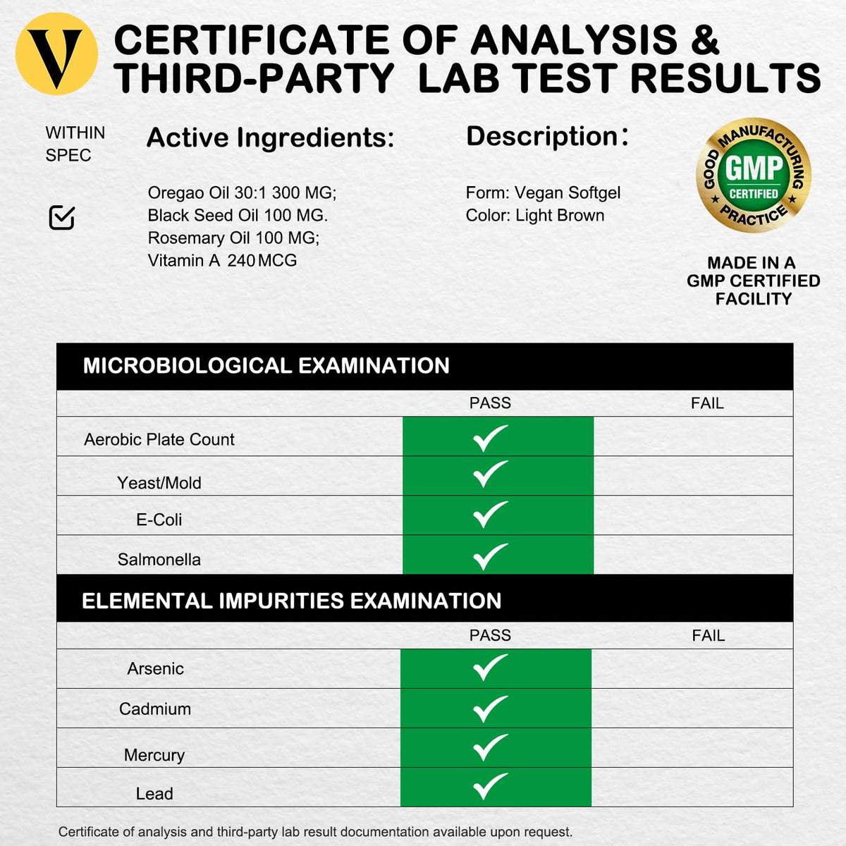 Détails de l'étiquette de VEGEPOWER Huile d'Origan