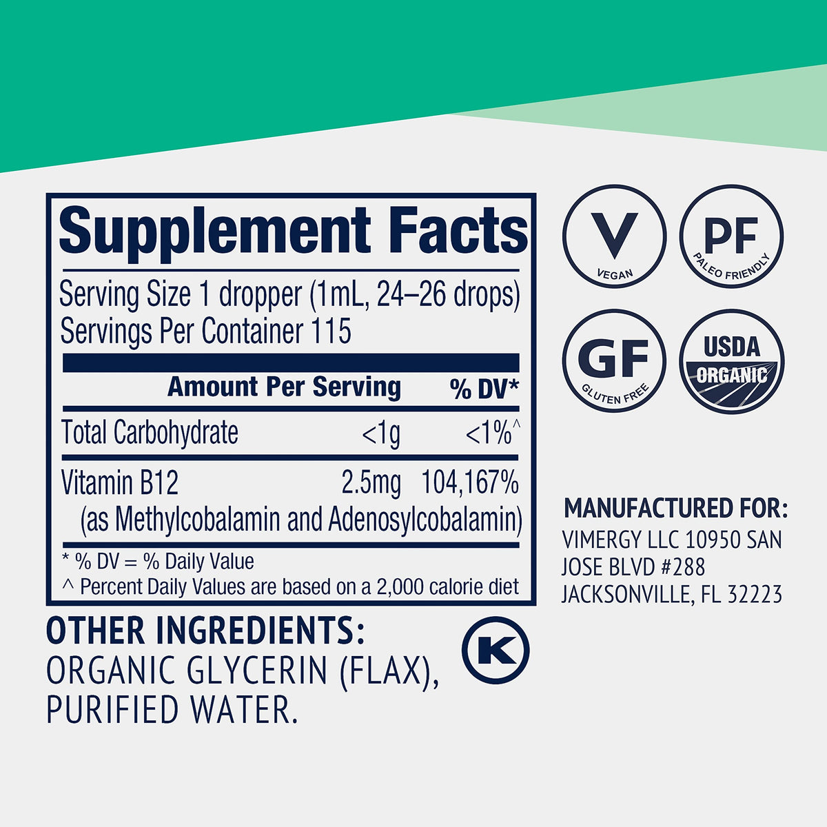 Détails de l'étiquette de Vimergy B12 Liquide 2500 mcg