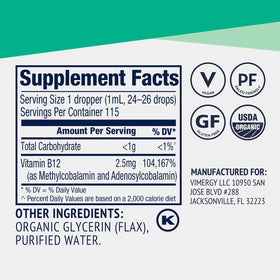 Détails de l'étiquette de Vimergy B12 Liquide 2500 mcg