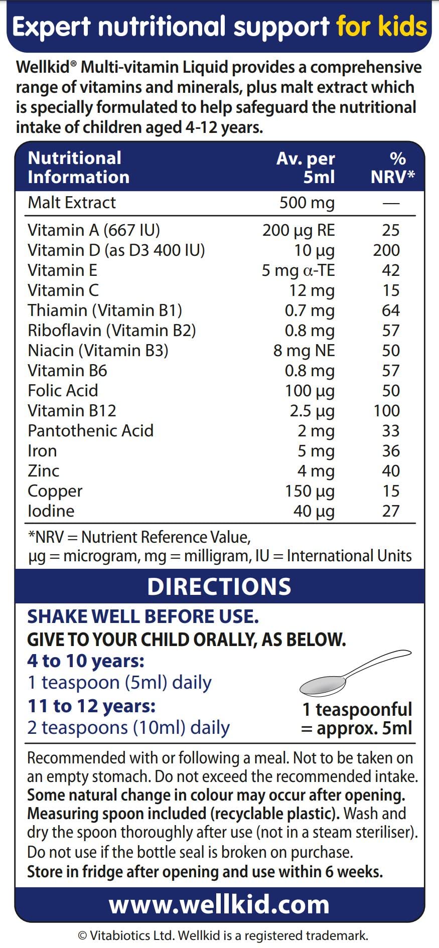 Détails de l'étiquette de Wellkid Multivitamines Liquide 150ml