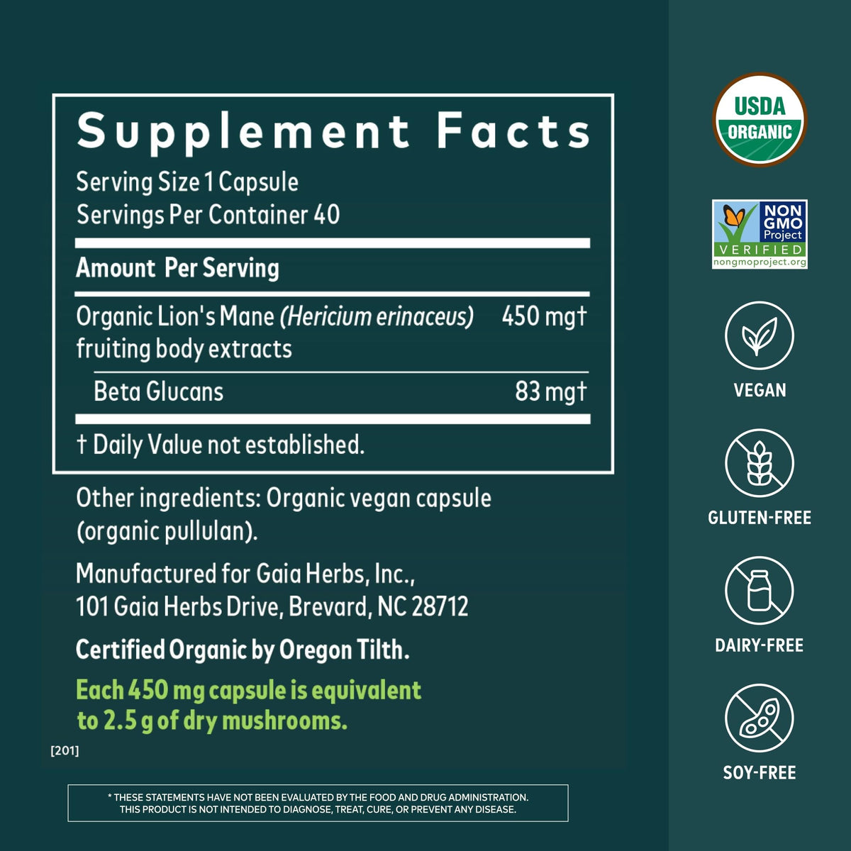 Détails de l'étiquette des capsules de Gaia Herbs Champignon Lion's Mane