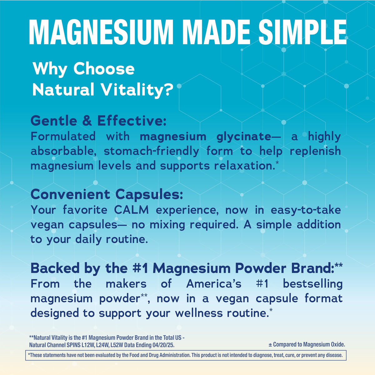 Détails de l'étiquette des capsules de magnésium glycinate Natural Vitality Calm