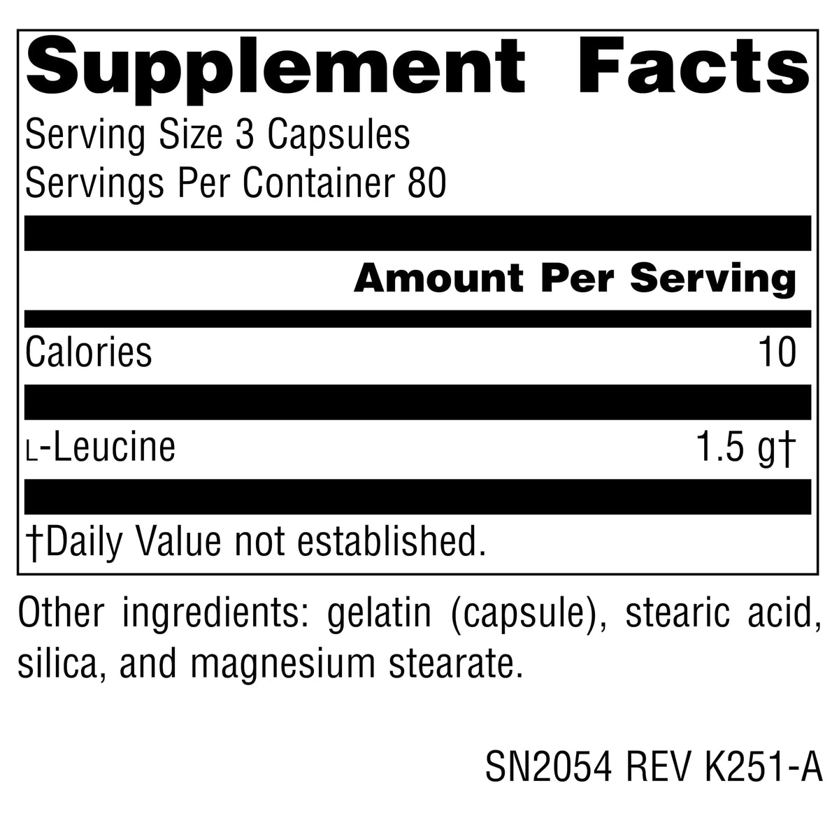 Détails de l'étiquette des capsules L-Leucine Source Naturals