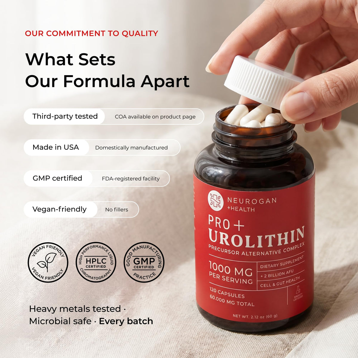 Détails de l'étiquette des capsules Neurogan Précurseur d'Urolithine Pro+