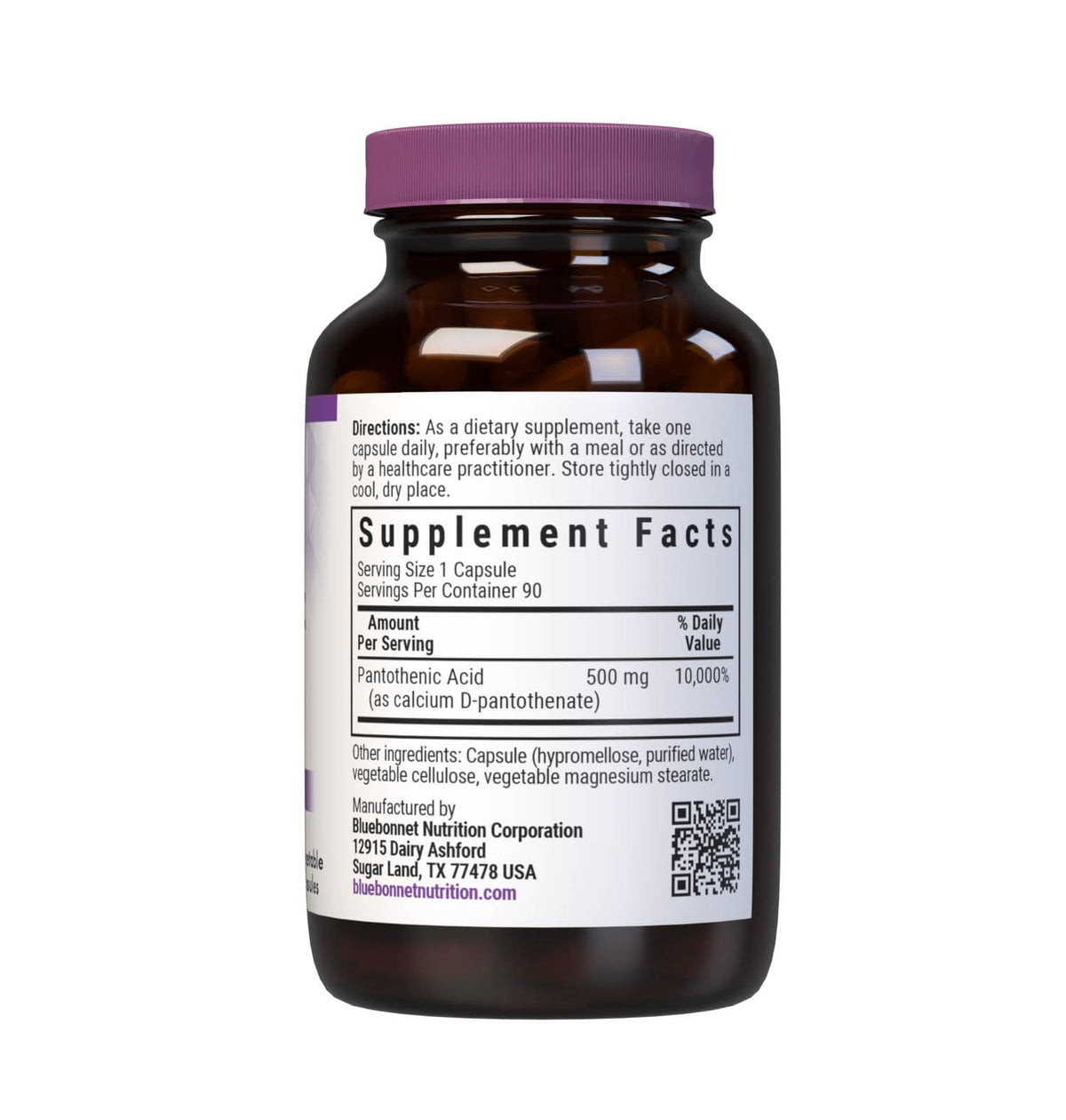 Détails de l'étiquette des gélules d'acide pantothénique BlueBonnet 500 mg