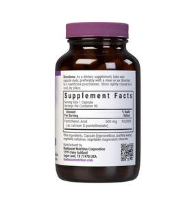 Détails de l'étiquette des gélules d'acide pantothénique BlueBonnet 500 mg