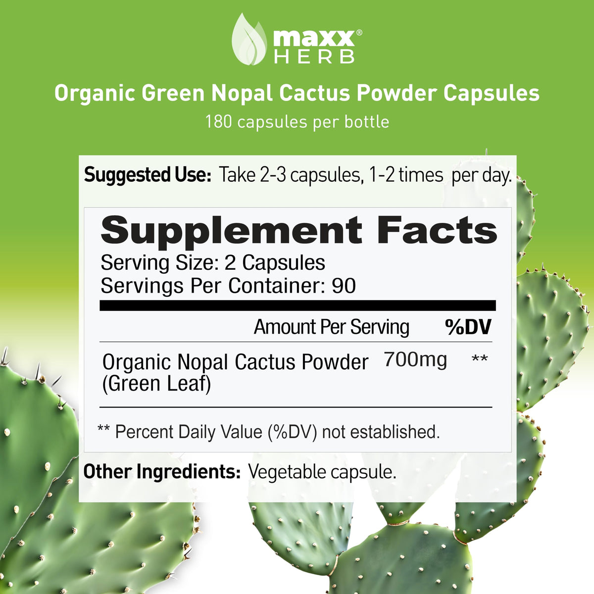 Détails de l'étiquette des gélules de cactus nopal Maxx Herb